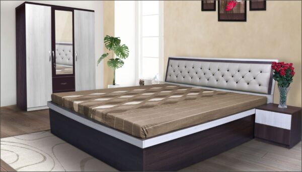 Ella Full HD Bed with Headboard Cushion Bedroom Set with 3 Door Wardrobe Dresser and Bed Side Tables