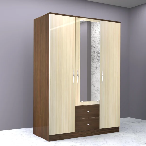 Stylish-3-door-wardrobe-with-center-mirror-featuring-a-light-oak-finish-and-contrasting-walnut-drawers.webp