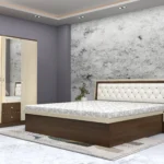 bedroom set with tufted headboard, two-tone wardrobe, and matching side table in walnut and cream finish.webp