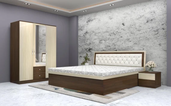 bedroom set with tufted headboard, two-tone wardrobe, and matching side table in walnut and cream finish.webp
