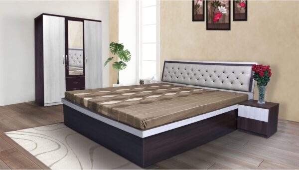 Ella Full HD Bed with Headboard Cushion Bedroom Set with 3 Door Wardrobe Dresser and Bed Side Tables