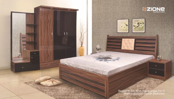 Layla Top Storage Bedroom Set with 3 Door Wardrobe, Dresser and Bed Side Tables