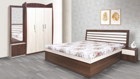 Linea Full HD Bedroom Set with 3/4 Door Wardrobe, Dresser and Bed Side Tables