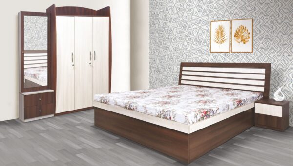 Linea Full HD Bedroom Set with 3/4 Door Wardrobe, Dresser and Bed Side Tables
