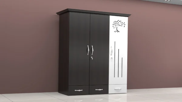 3-door-wooden-wardrobe-with-white-accent-panel-and-tree-motif-featuring-sleek-metal-handles-and-bottom-drawers-scaled.webp