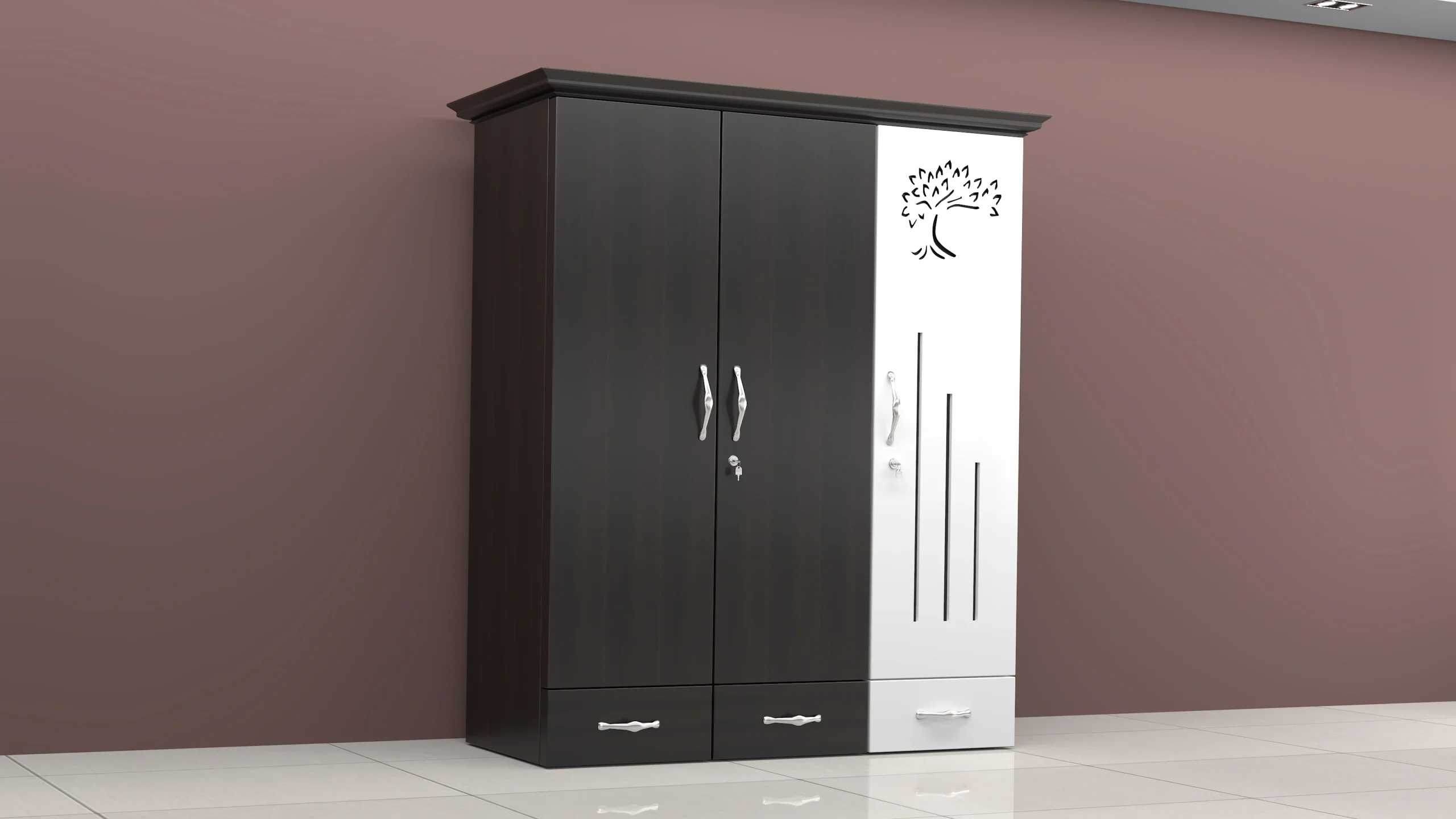 Banyan Bedroom Set with 3 Door Wardrobe, Dresser and Bed Side Tables