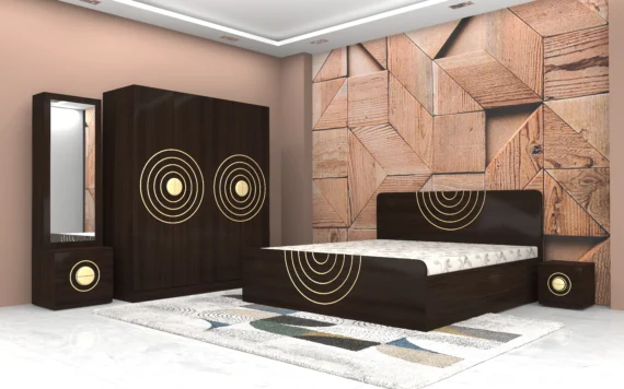 Contemporary-wooden-bedroom-set-with-bold-gold-circle-accents-featuring-bed-wardrobe-dresser-and-side-table-scaled.webp