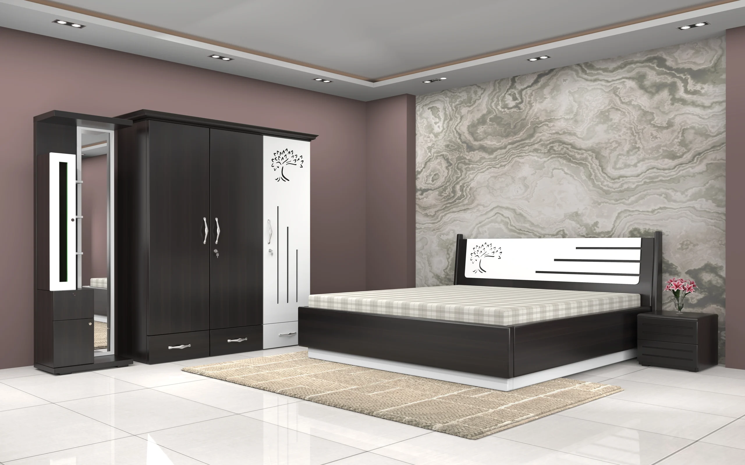Banyan Bedroom Set with 3 Door Wardrobe, Dresser and Bed Side Tables