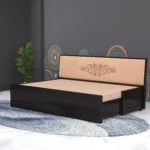 Multi functional sofa-cum bed with top opening storage featuring a cushioned-backrest spacious design and compact wooden frame scaled