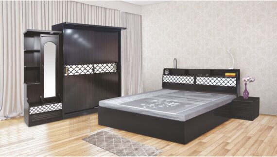 PRISTINE FHD KING BED 7872 Set with Sliding 3 Door Wardrobe, Dresser and Bed Side Tables