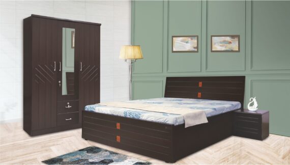 Royce Top Storage Bedroom Set with 3 Door Wardrobe with Dresser and Bed Side Tables