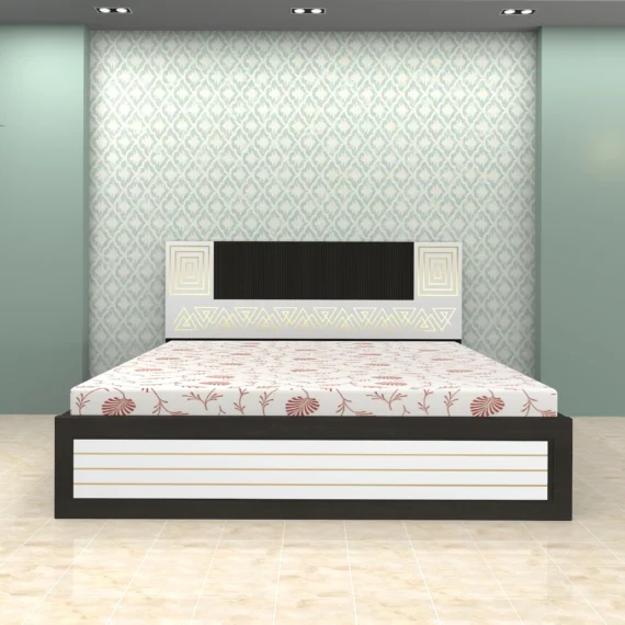 ANTONIO-black-and-white-designer-bed-with-geometric-headboard-and-floral-mattress.webp