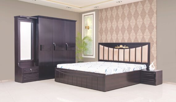 AURIC Bedroom Set with 3/4 Door Wardrobe, Dresser & Bedside Table