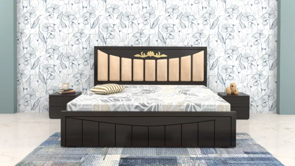 Auric-dark-wood-bed-with-a-cushioned-beige-headboard-and-carved-golden-accent-scaled.webp