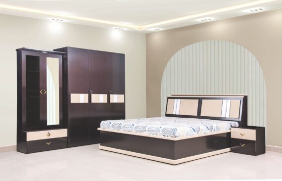 BELAVITA Bedroom Set – Hydraulic King Bed with Headboard Storage, 3 Door Wardrobe, Dresser & Side Table