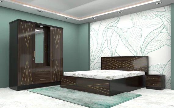 LORENZO-Modern-dark-wood-bed-with-gold-concentric-circle-inlay-on-headboard-and-footboard-scaled.webp