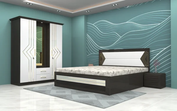 Modern-bedroom-set-with-bold-linear-accents-featuring-a-cushioned-bed-sleek-wardrobe-with-mirror-and-matching-side-table-scaled.webp