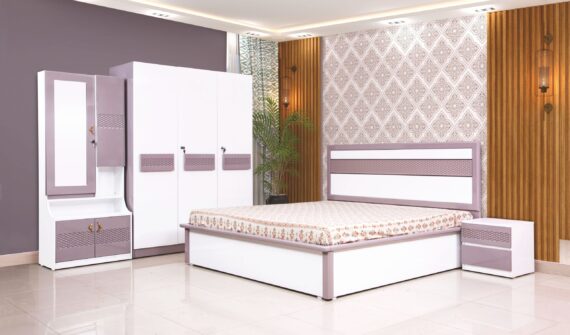 SOLACE Bedroom Set – Hydraulic King Bed, 3-Door Wardrobe, Dresser & Bedside Table