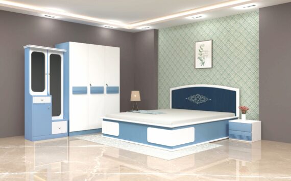 Volga Bedroom Set – Hydraulic King Bed, 3-Door Wardrobe, Dresser & Bedside Table