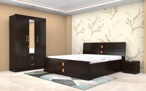 Royce Bedroom Set with 3 Door Wardrobe with Dresser and Bed Side Table