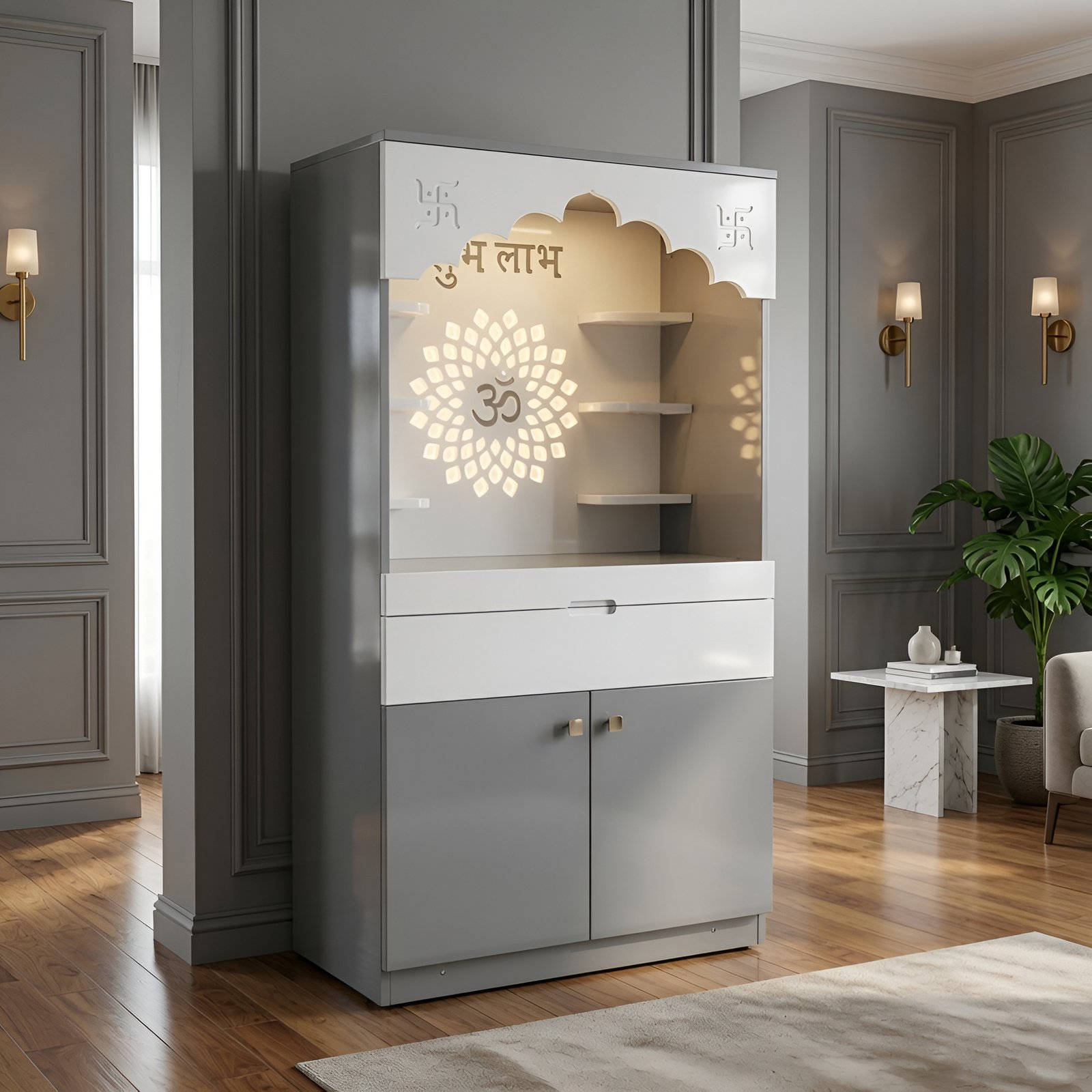 ZMDR-02 Premium Wooden Temple with Storage | Dark Grey & White Finish | Modern Home Mandir for Pooja Room