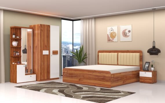 AMARA Full Hydraulic Bedroom Set with Headboard Cushion | 2 Door Wardrobe, Dresser & Bedside Table | Premium SS UV Finish