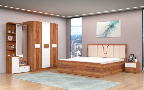WALTER Full Hydraulic Bedroom Set with Headboard Cushion | 3 Door Wardrobe, Dresser & Bedside Table | Premium Bedroom Furniture Set