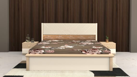 VERONICA Full Hydraulic King Bed 78x72 with Head Cushion | Off-White & Peddar Brown | Premium Storage Bed