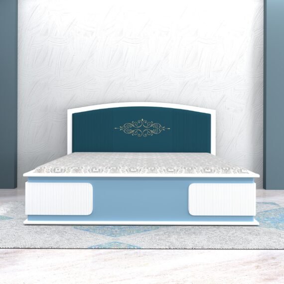 VOLGA Full Hydraulic King Bed 78x72 with Headboard Cushion | Light Blue & White | Premium Storage Bed
